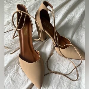 Nude pointed heels with ankle lace, size 7